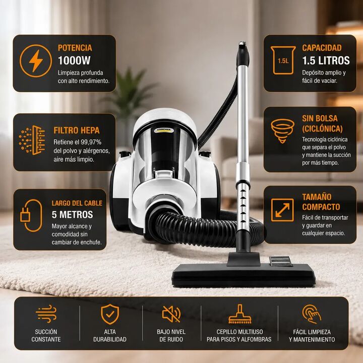 Aspiradora Karcher Vcl 3 Cyclonic 1.5 Litros 1000w Sin Bolsa - Vista 2