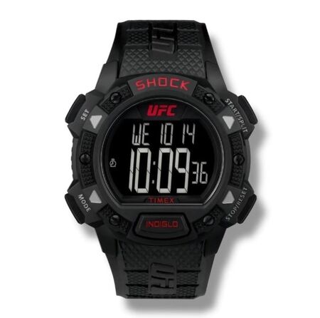RELOJ DIGITAL TIMEX  UFC-SHOCK, TODO NEGRO, DET EN ROJO, PANTALLA NEGATIVA (RTX0646) (TW4B27400)