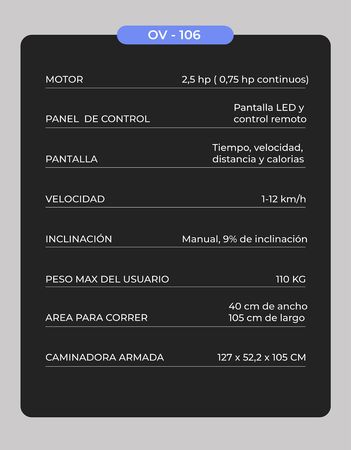 Caminadora Overtech OV-106 2.5HP 12 km/h 110kg Manubrio LED