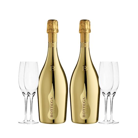 Set Espumante Prosecco Bottega Gold x 2 y 4 Copas Con Estuche