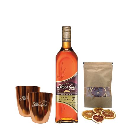 Set Ron Flor De Caña Gran Reserva 7 Años y 2 Vasos Con Estuche