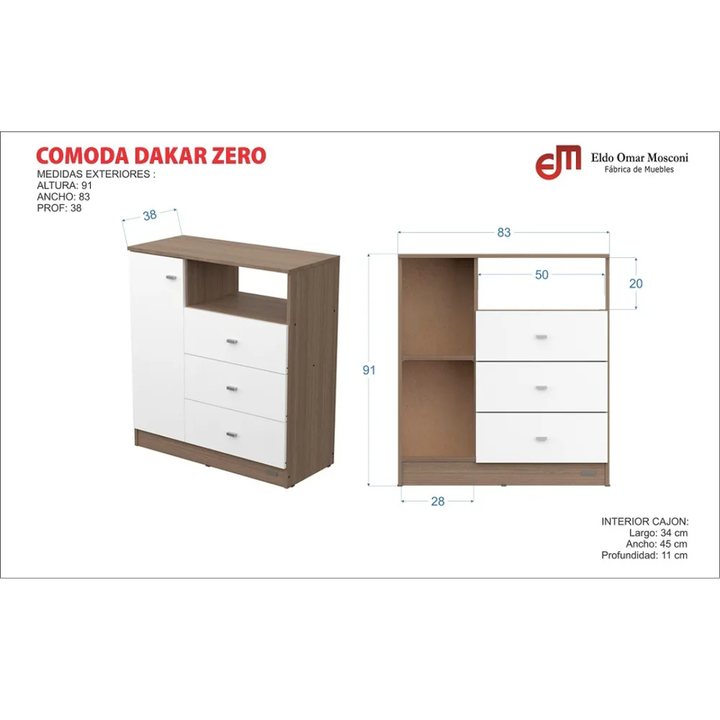 cómoda mosconi dakar zero 3 cajones 1 puerta color venezia - Vista 4