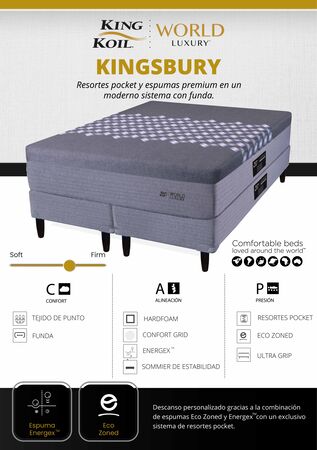 Colchon King Koil Kingsbury 2 Plazas y Media 140x190 De Resortes Pocket con Espuma Inteligente