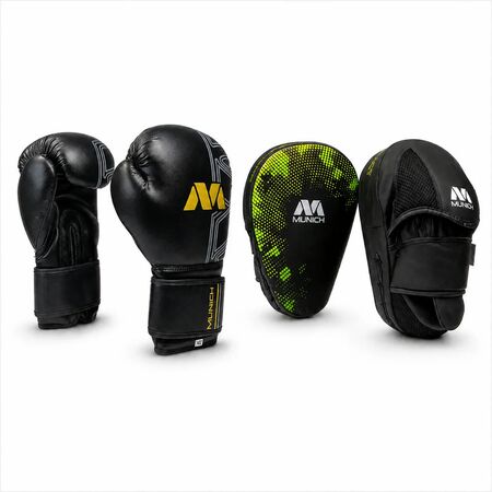 Kit Guantes Boxeo Sparta + Guante Foco Pilman Entrenamiento 12oz Dorado