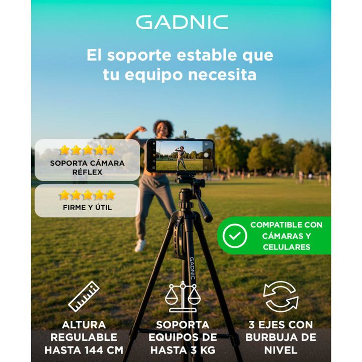 Trípode Cámara Gadnic T-3 Aluminio 1,40mt Cabezal 90° Bloqueo Flip Gancho Contrapeso - Vista 2