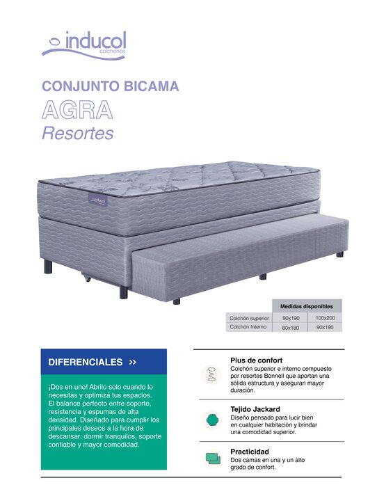 Colchon y Sommier Marinero Bicama Agra de Resortes Bonnell 1 Plaza y Media 90x190cm Inducol - Vista 2