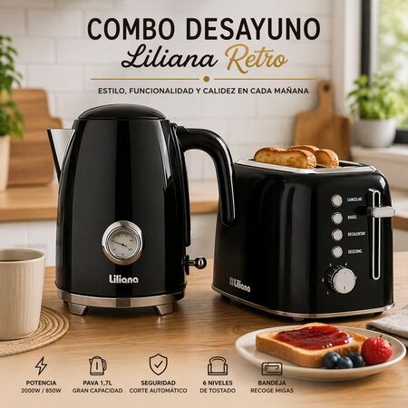 Combo Desayuno Pava Eléctrica 1.7L 2000W + Tostadora 850W Liliana Retro