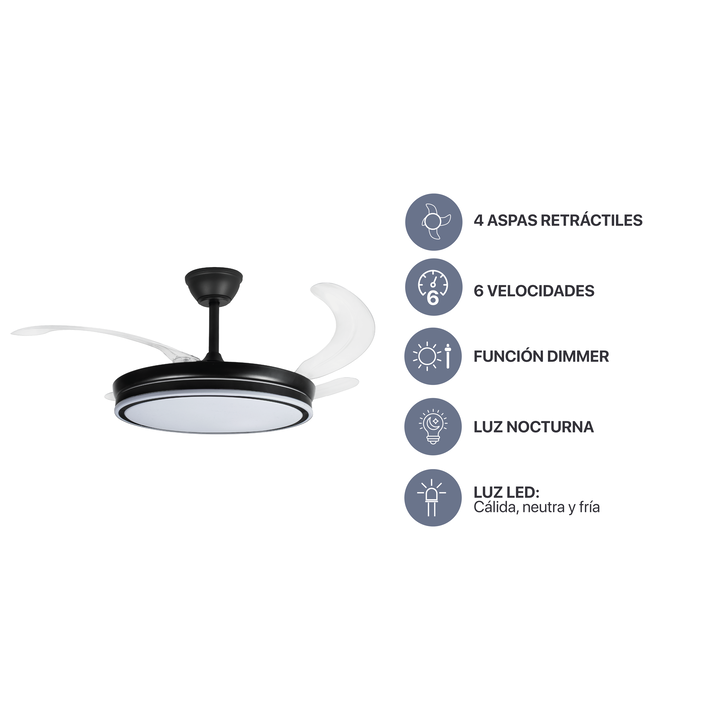 Ventilador de Techo Retráctil Negro 4 Aspas invisibles Luz Dimmer (Regulable) Codini - VIATB42DIN - Vista 1