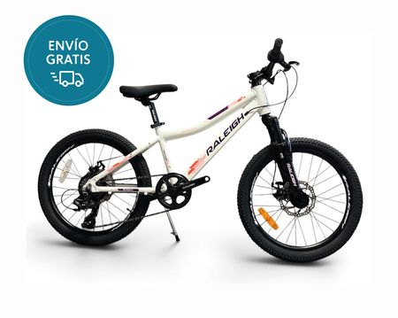 Bicicleta Raleigh Rowdy D / Blanco/Rosa / Frenos a disco mecánicos / Cuadro de aluminio / 7Vel. / Rodado 20".