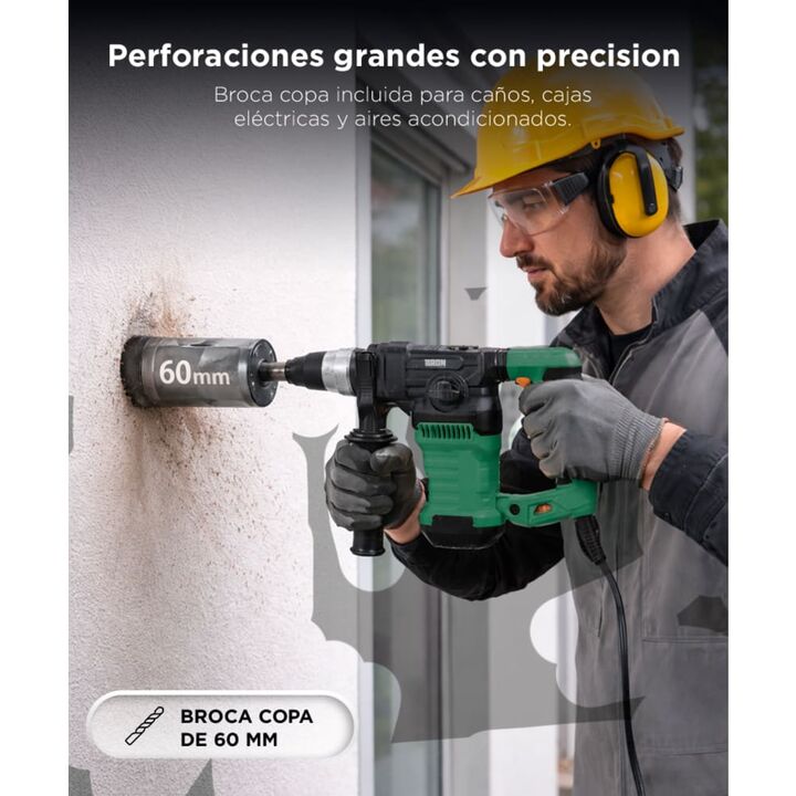 Rotomartillo Bron by Gadnic 3 en 1 Alta Potencia 1500W Velocidad Ajustable SDS Plus 800 RPM 5J 230V 50Hz Kit Completo Broca Copa 60 mm - Vista 3