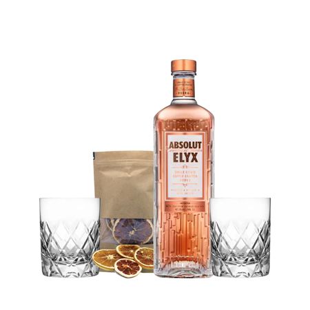 Set Vodka Absolut Elyx y 2 Vasos Tallados y Botanicos Naranja Con Estuche