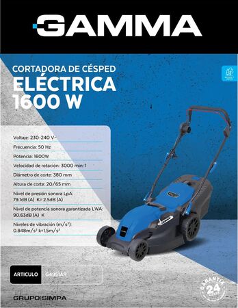 Cortadora De Césped Gamma G4951 Eléctrica 1600w 5 Reg Altura Color Azul