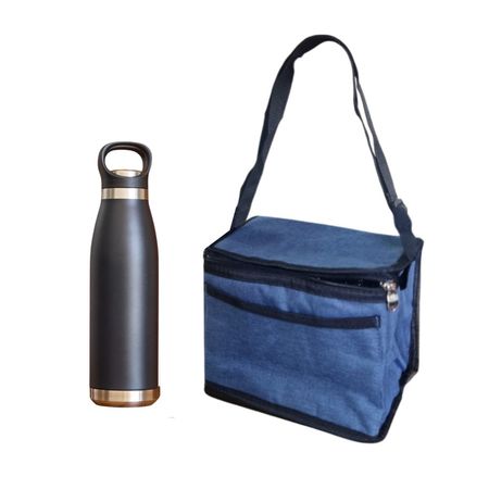 Set Vianda lunchera escolar conservadora azul  botella termica acero negra