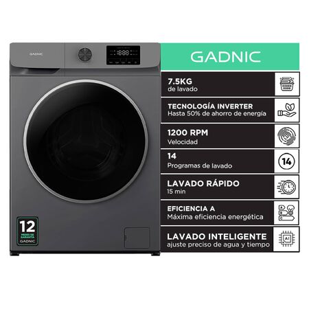 Lavarropas Automático Gadnic 7.5 Kg Tecnología Inverter 1200 RPM Carga Frontal 14 Programas Lavado Rápido 15 Min