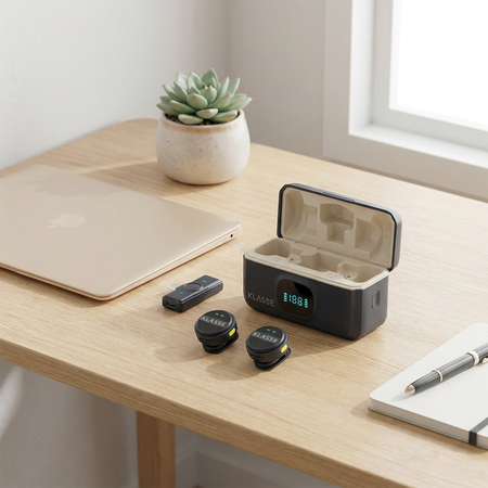 Set x2 Micrófonos Corbateros Inalámbricos con Estuche de Carga Klasse USB-C + Lightning (KS5102)