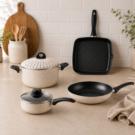Batería Cocina 6 pzas Olla Cacerola Sarten Bifera Antiadherente Aston Dots