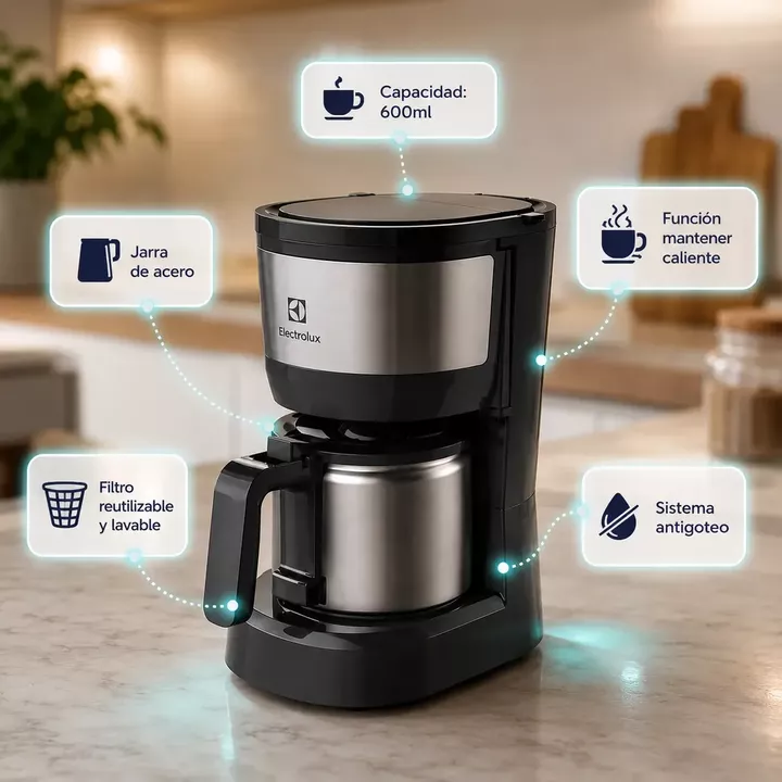 Cafetera Electrolux Ecm12 De Filtro Lavable 600ml Jarra Inox - Vista 2