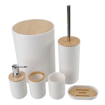 KIT SET ACCESORIOS DE APOYO PARA BAÑO BAMBU 6 PIEZAS KUMANO BLANCO