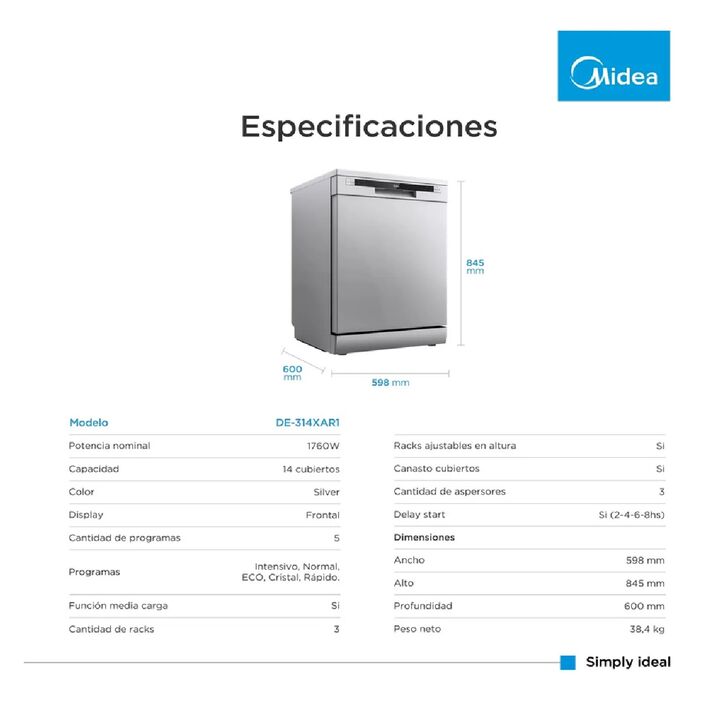 Lavavajillas Midea 14 Cubiertos Color Silver De-314xar1 - Vista 9