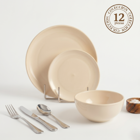 Set Vajilla x12 piezas Plato Playo Postre Bowl Cerámica Mate