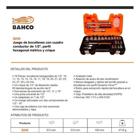 Tubos con Cricqueta Bahco Encastre 1/2 Pulgada Set de 24 Piezas