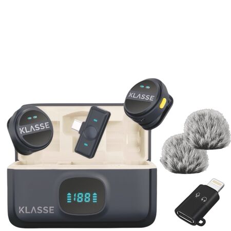 Set x2 Micrófonos Corbateros Inalámbricos con Estuche de Carga Klasse USB-C + Lightning (KS5102)
