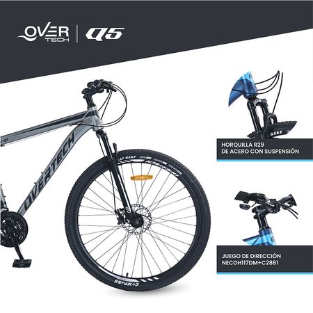 Bicicleta Mtb Overtech Q5, R29 21v Shimano, Freno Disco, Suspensión, Negro/Naranja/Blanco, Talle L