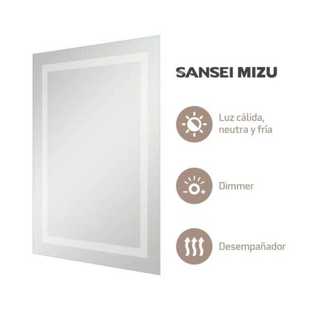 Espejo Luz Led Baño Calida Fria Neutra Sansei Mizu 80 X 60cm Dimmer Desempañador SAMZELC1APIR8060ALE