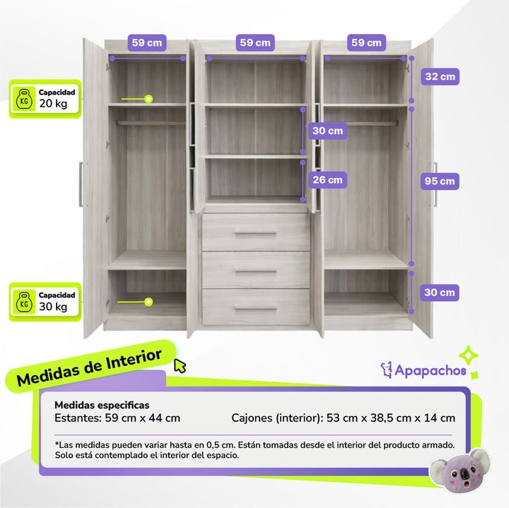 Placard Ropero de 6 Puertas 3 Cajones Reforzado Marfil Maximo Fortaleza - Vista 4
