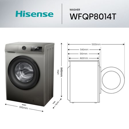 Lavarropas HISENSE WFQP8014T 8kg inverter 1400rpm gris