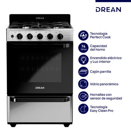 Cocina a Gas Acero Drean 56 Cm-Inoxidable 4 Multigas Cd5603ai0