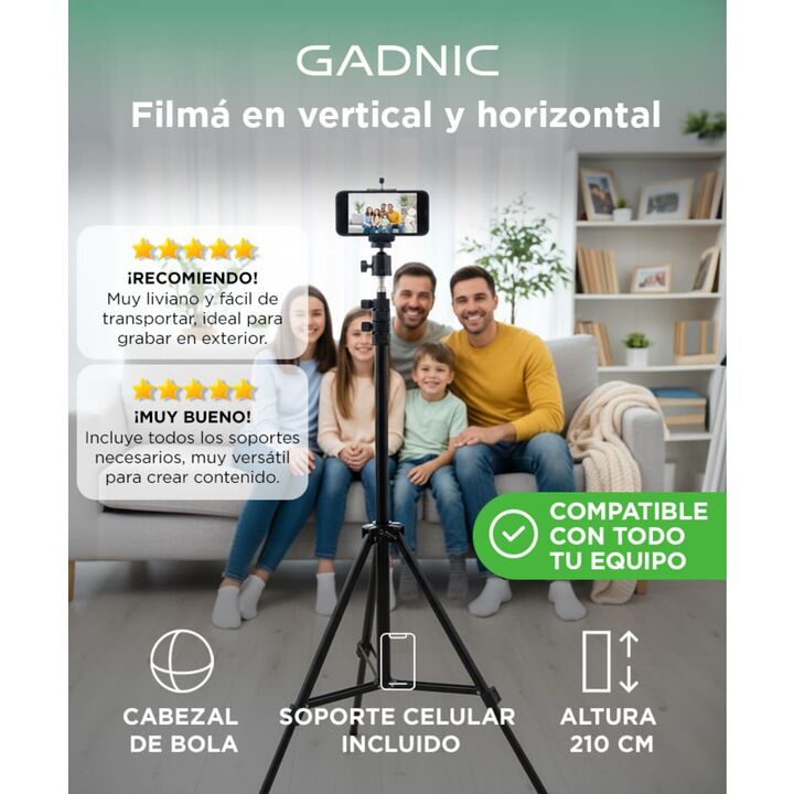 Tripode Profesional Gadnic 2,1 mts c/ Soportes para Celulares, Camaras y Fotografia - Vista 2