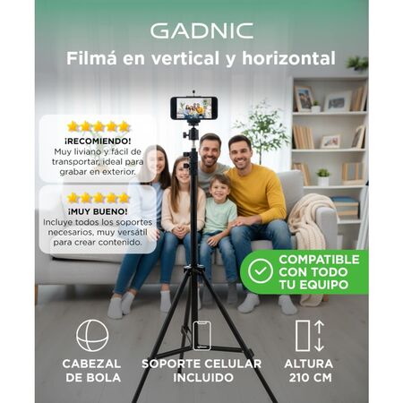 Tripode Profesional Gadnic 2,1 mts c/ Soportes para Celulares, Camaras y Fotografia