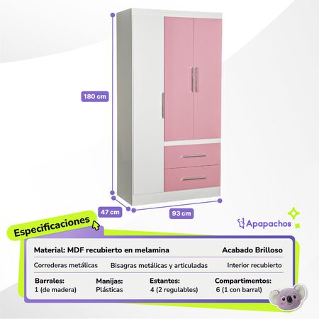 Placard Ropero Infantil Rosado 3 Puertas 2 Cajones Reforzado Maximo Fortaleza
