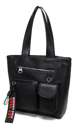 Cartera Tote Bag Oreiro Love Negra Eco Cuero Grande Urbana Con Bolsillos