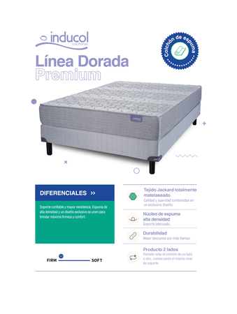 Colchon y Sommier Inducol Dorada Premium 2 Plazas 130x190x26cm Espuma de Alta Densidad