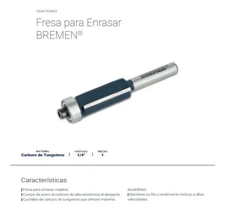 Fresa Bremen para Router de Enrasar 1/4 y 1/2 Pulgada