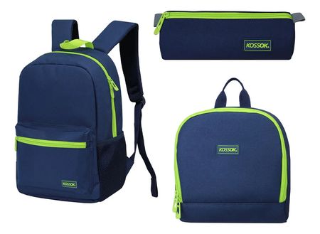Mochila Escolar Kossok Musty + Lunchera + Cartuchera + Stick Azul/Verde