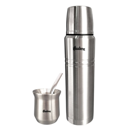 Set Hudson Acero: Mate Con Bombilla + Termo 1 Lts Acero Inox