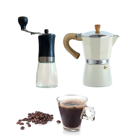 Set Cafetera Moka Italiana Más Molinillo Manual Vidrio Waggs Crema
