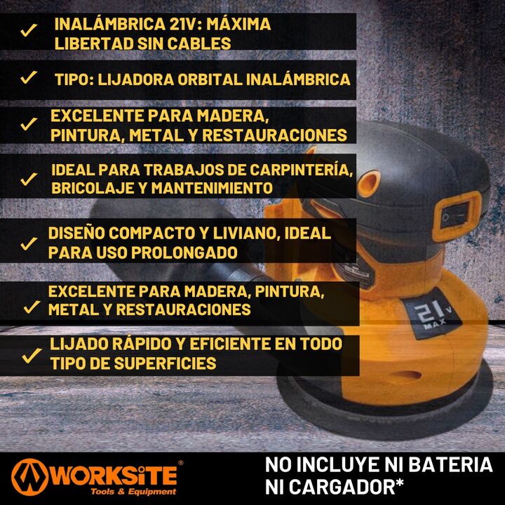 Lijadora Orbital Inalambrica Worksite 12000 Rpm 125mm - Vista 4