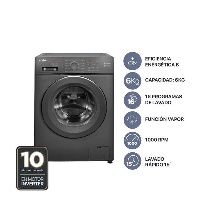 Lavarropas Automático Carga Frontal 6 kg 1000 RPM A Inverter Steam Gris Codini - AIAFE6010G - Vista 1