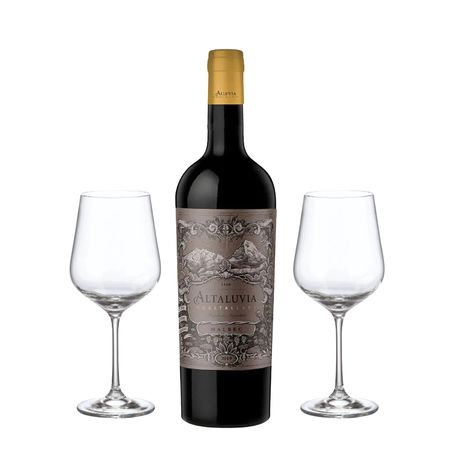 Set Altaluvia Malbec 750 ml y 2 Copas Con Estuche