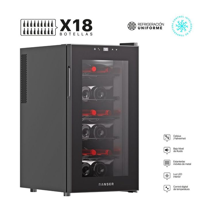 Cava de Vino Termoeléctrica 18 Botellas RANSER WC-7000 MENDOZA 11 °C a 18 °C Negro - Vista 1