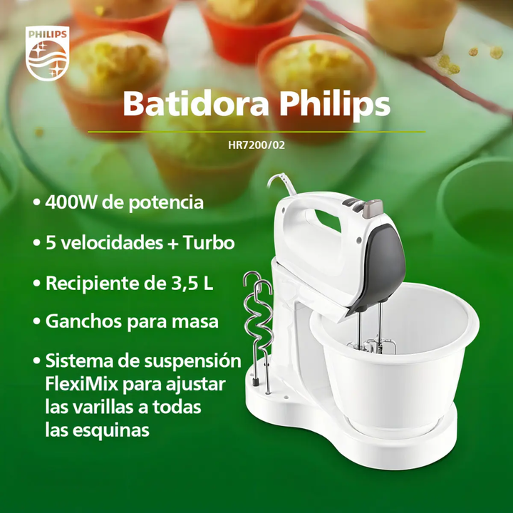 Batidora Con Bowl Philips 400W HR 7200/02 Blanco - Vista 3