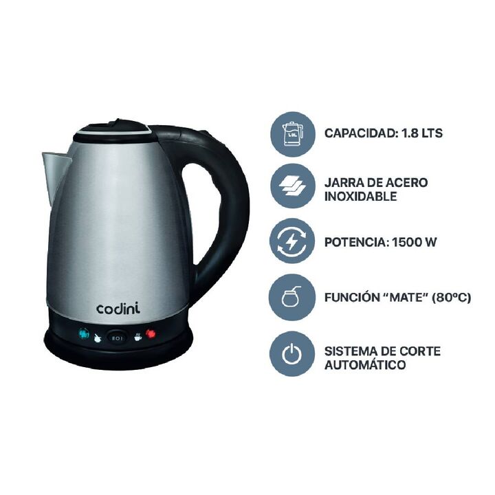 Pava Eléctrica Mate Acero Inoxidable 1.8 Lts Codini - P18MAN - Vista 1