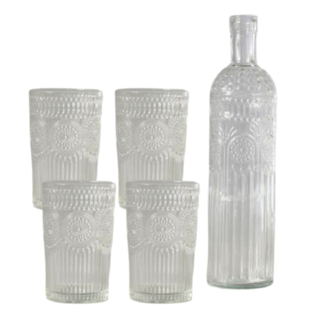 Set Botella  4 Vasos de Vidrio con Relieve Agua Jugos