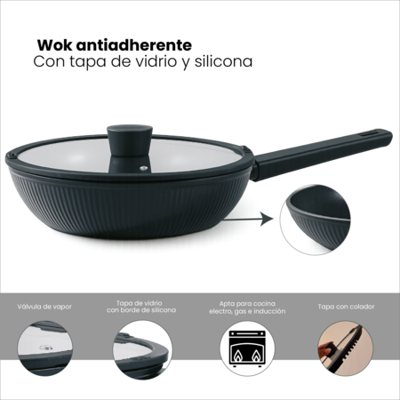 Sarten Wok con Tapa 28 cm Negro