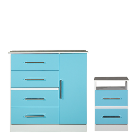 Mesa de luz y Comoda Cajonera Combo Infantil Reforzado Melamina Maximo fortaleza Celeste y Blanco