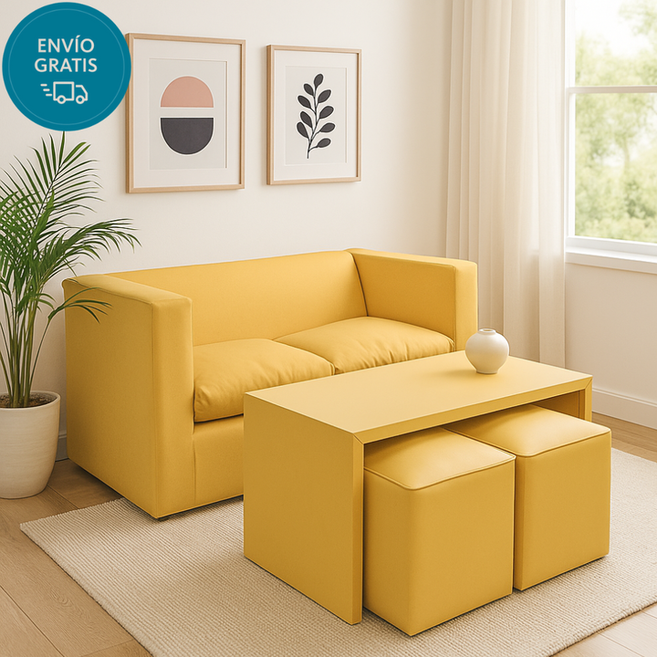 Juego De Living Moderno Combo Sillon+ Mesa + 2puff Tapizado Ecocuero - Vista 1
